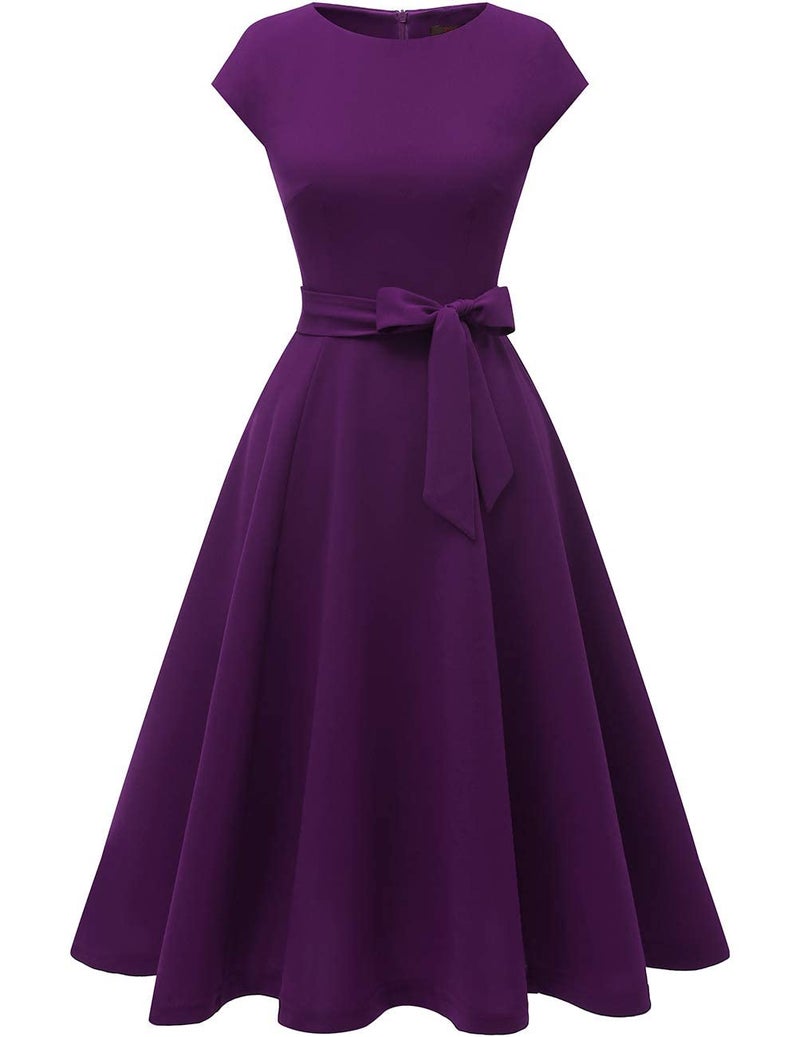 DRESSTELLS Cocktail Womens Dresses for Wedding Guest, Semi Formal Modest Easter Tea Party Ladies Fit and Flare Retro Midi Dress Grape Purple L - Image 3